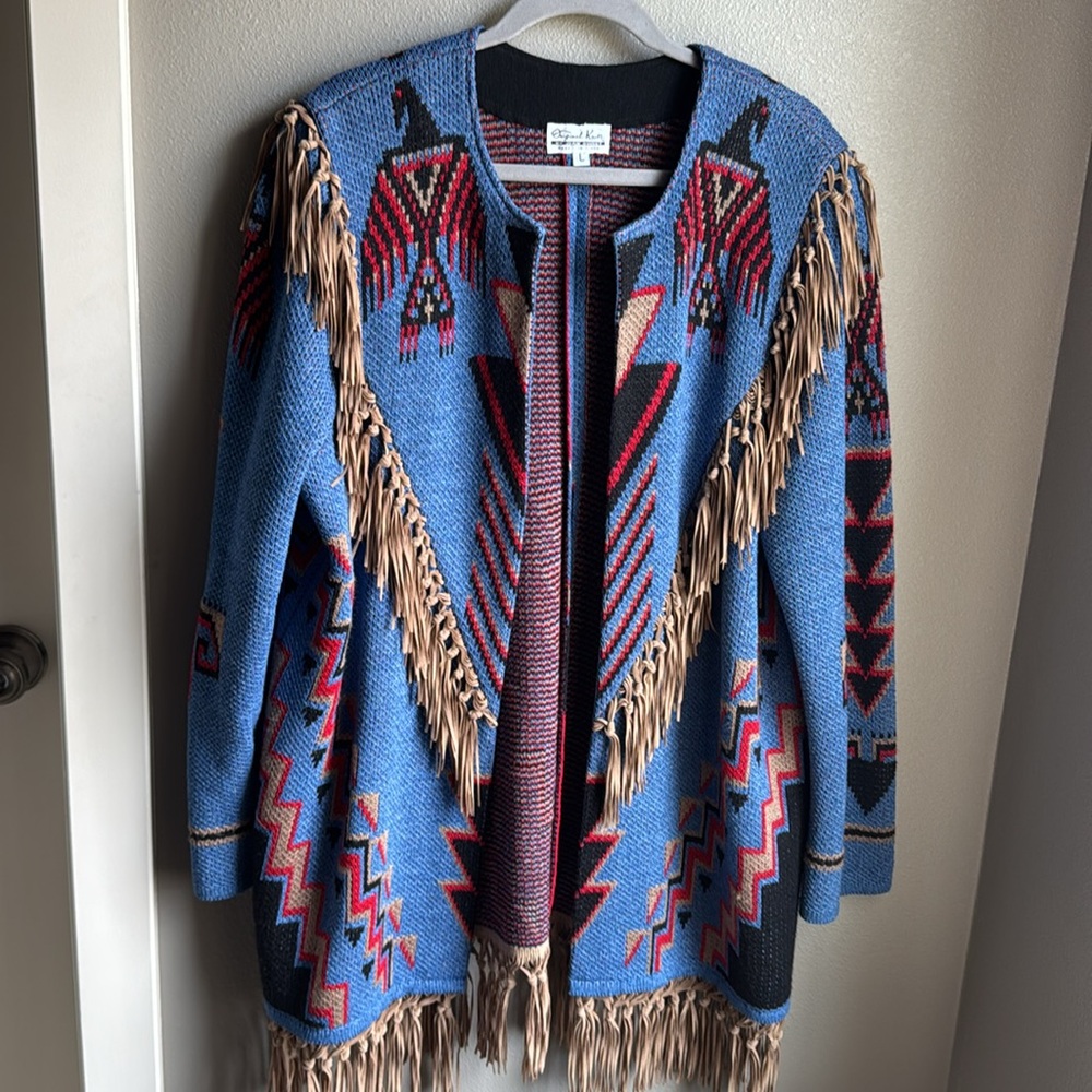 Made in USA Bohemian Cardigan with Thunderbird Design & Fringe, Blue, sz Lrg. - Picture 8 of 8